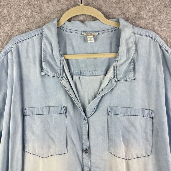 Cato Blue Chambray Top Shirt Womens 22/24 Light Distressed Wash Cuffed Button* - Picture 2 of 14